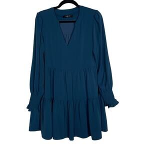 OPT Small Teal Blue Bay VNeck Tiered Long Sleeve Dress Cocktail Smocked Cuffs